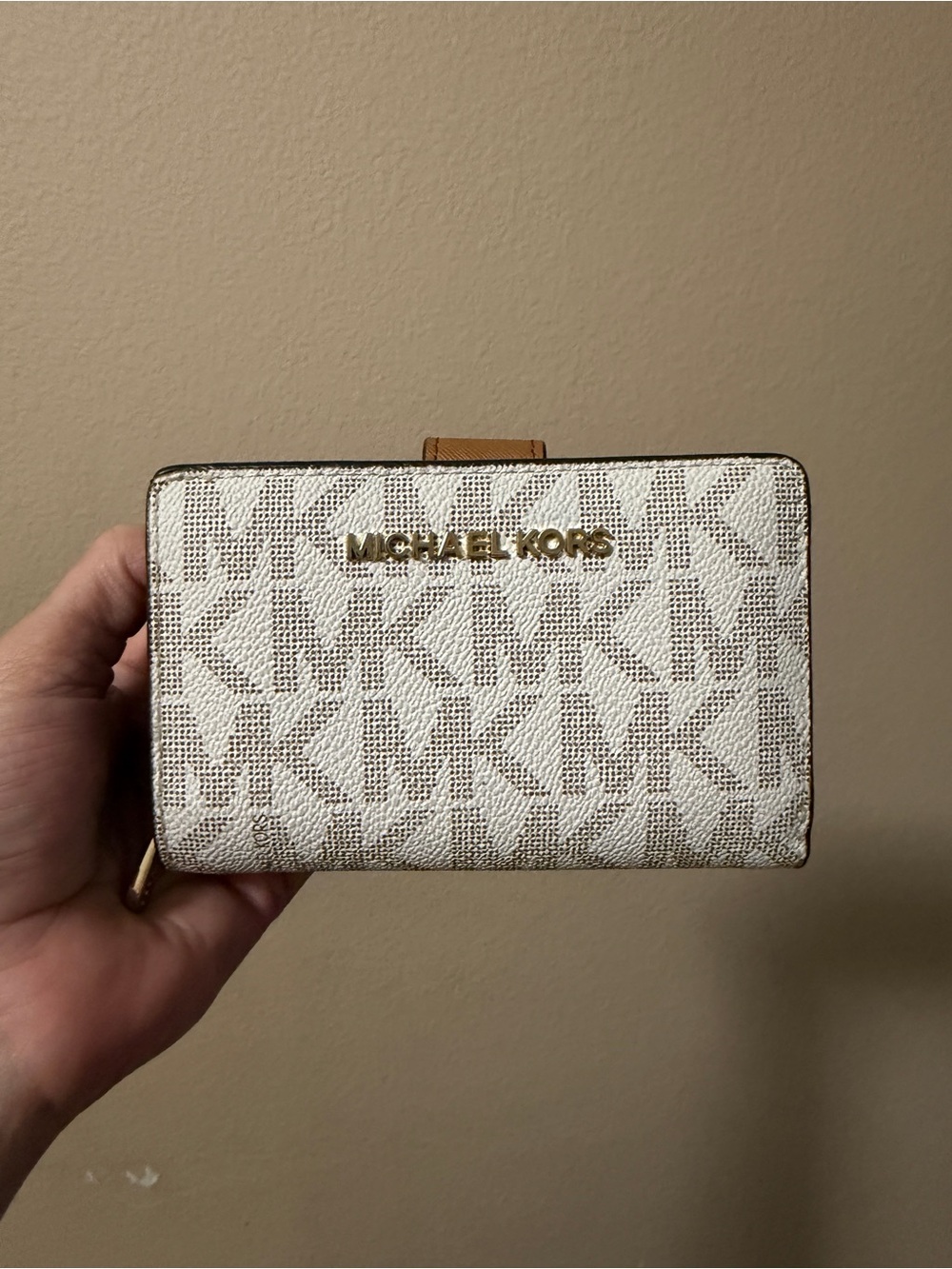 Michael Kors Beige and White Logo Compact Wallet with Gold Hardware